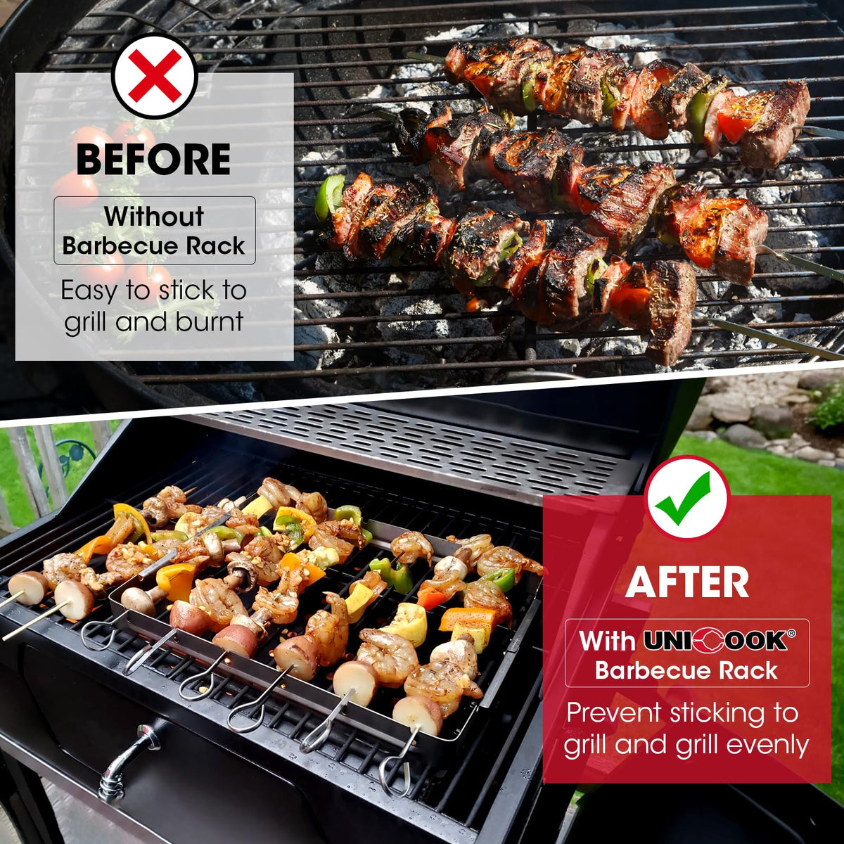 Unicook sturdy grill rack design elevates kebabs for even charring