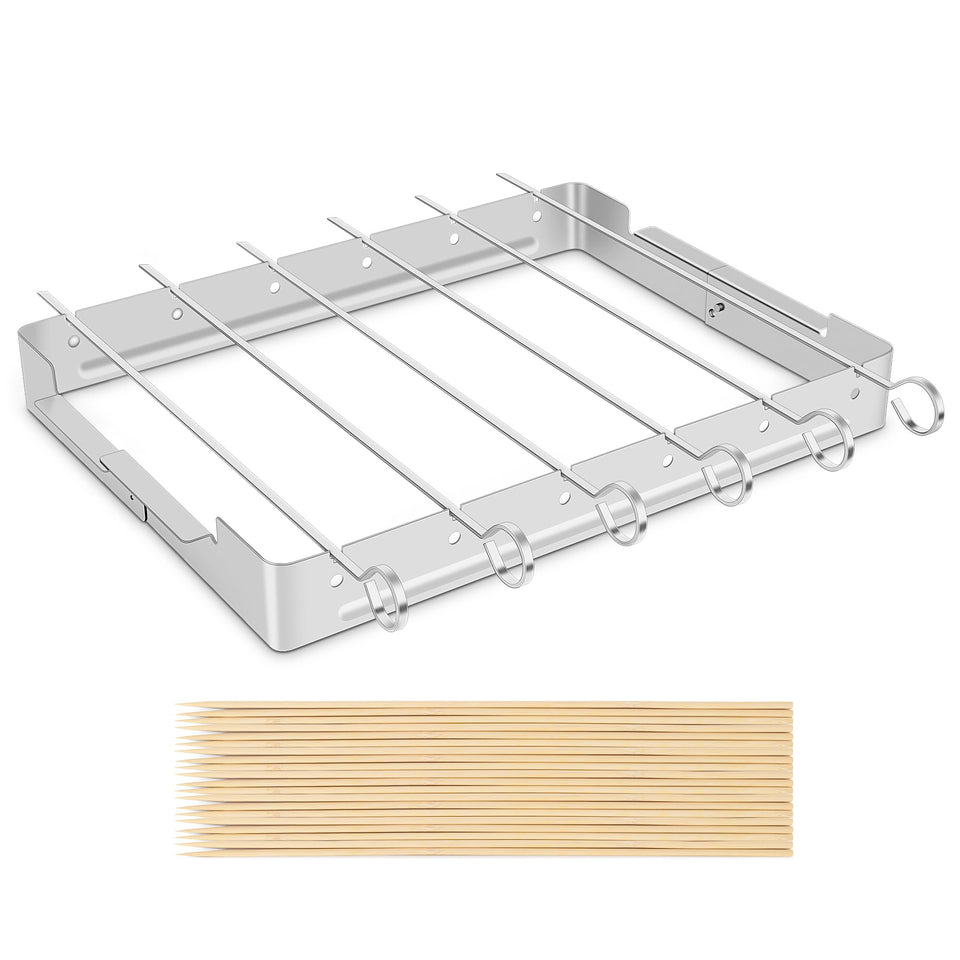 Unicook upgraded stainless steel shish kabob set on a grill for even heat