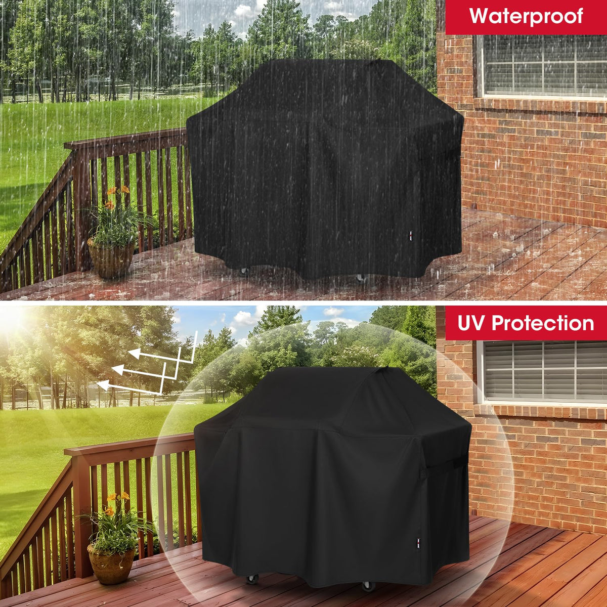 Unicook grill cover with waterproof vinyl coating withstands rain and snow.