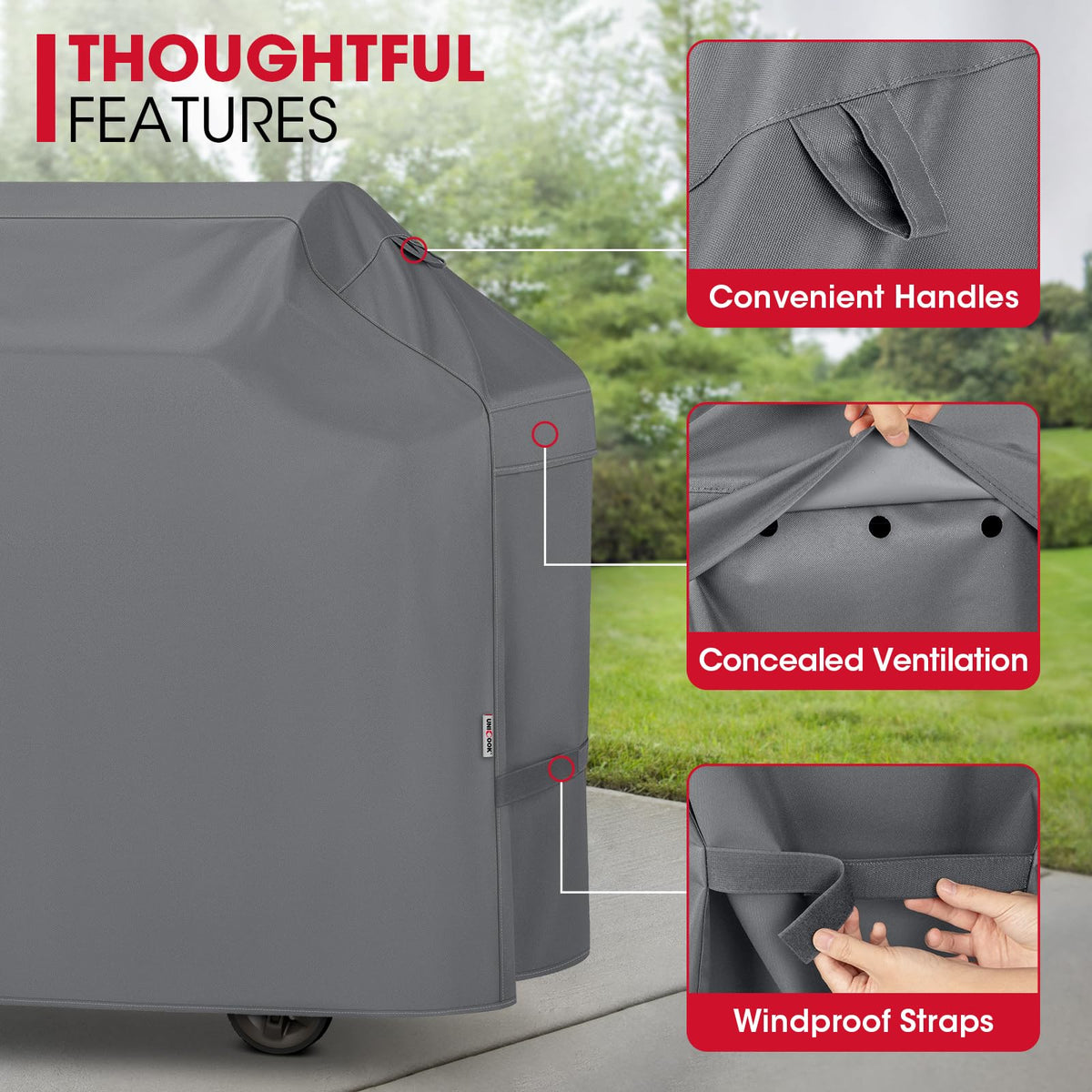 Unicook compatible with Weber, Char-Broil, and Nexgrill grills up to 63 inches.