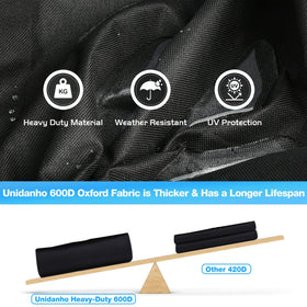 Unidanho Pit Boss vertical smoker cover side view shields with weatherproof fabric.