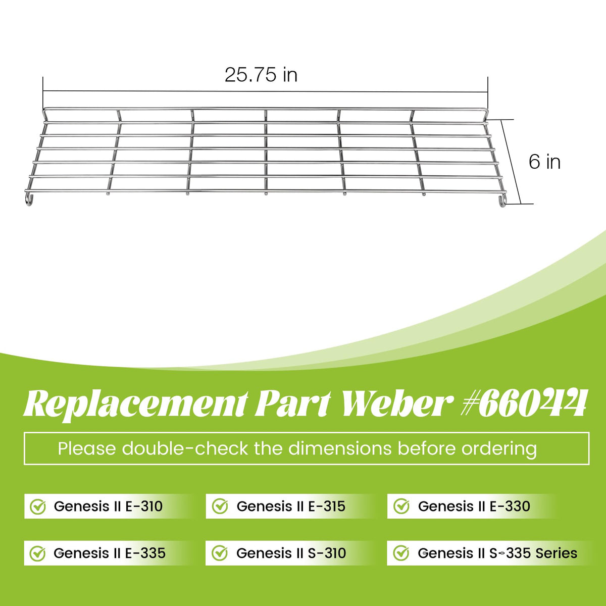 Unidanho warming rack dimensions label helps verify fit for Weber 66044.