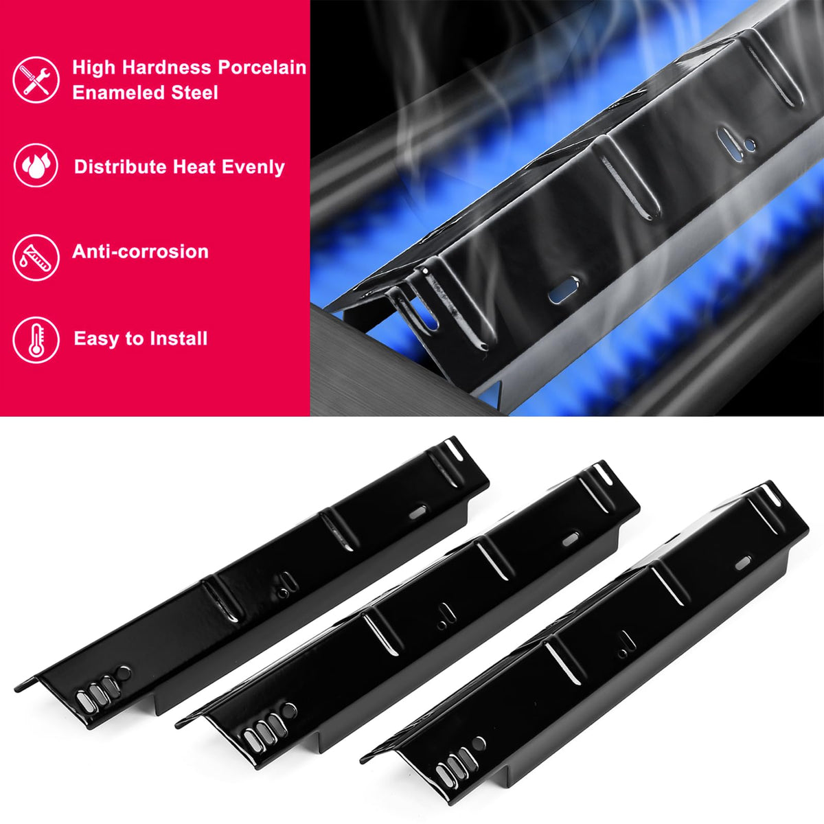 Uniflasy porcelain steel heat plate for Dyna-Glo ensures heat retention for searing.