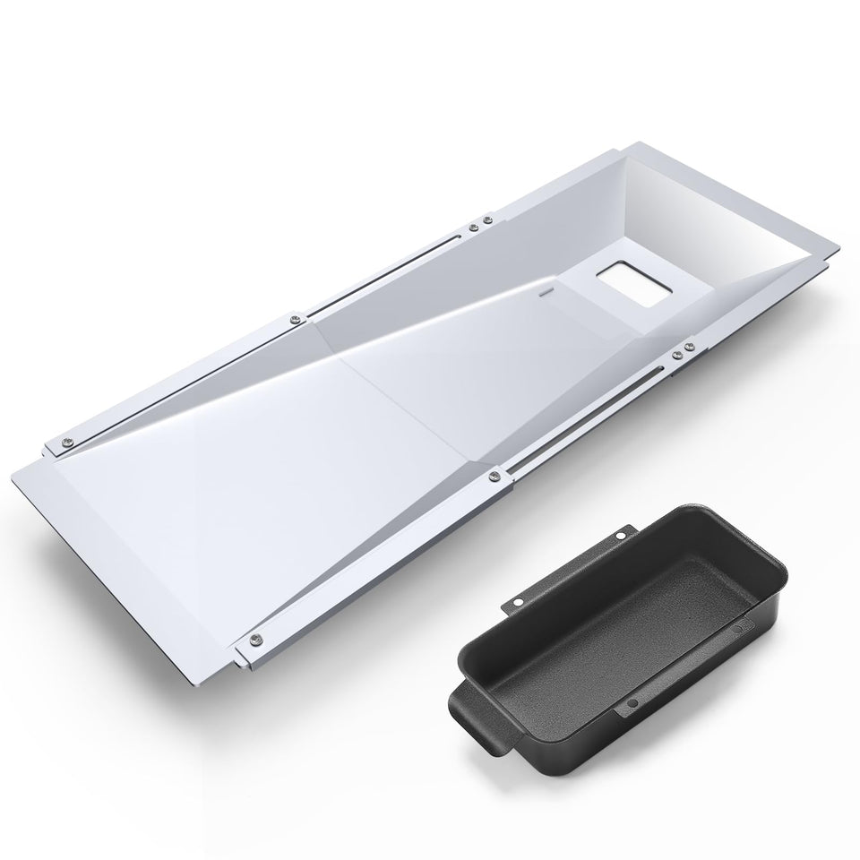 Uniflasy grease tray adjustable length shown for multiple grill models