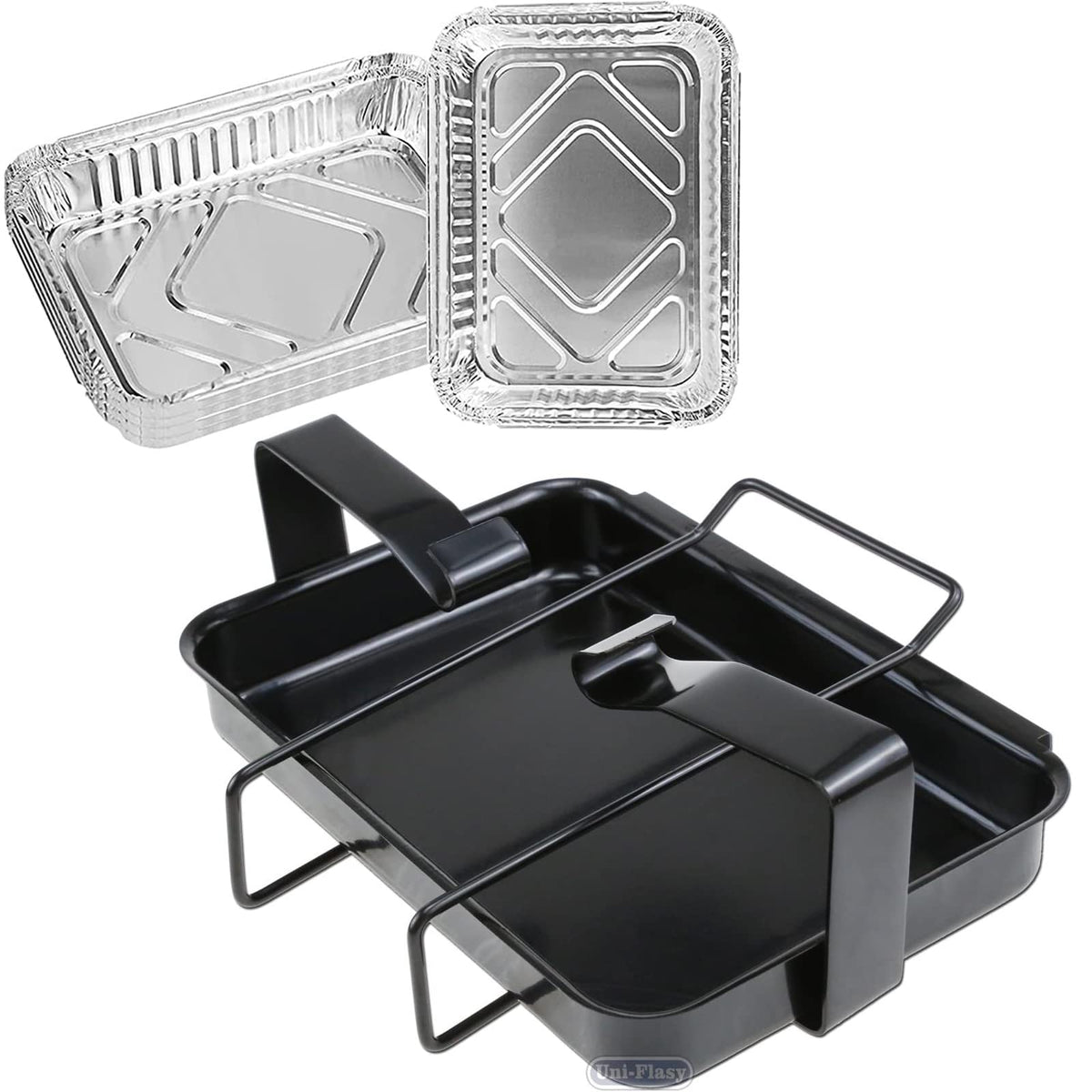 Uniflasy grill catch pan holder assembly for easy grease capture