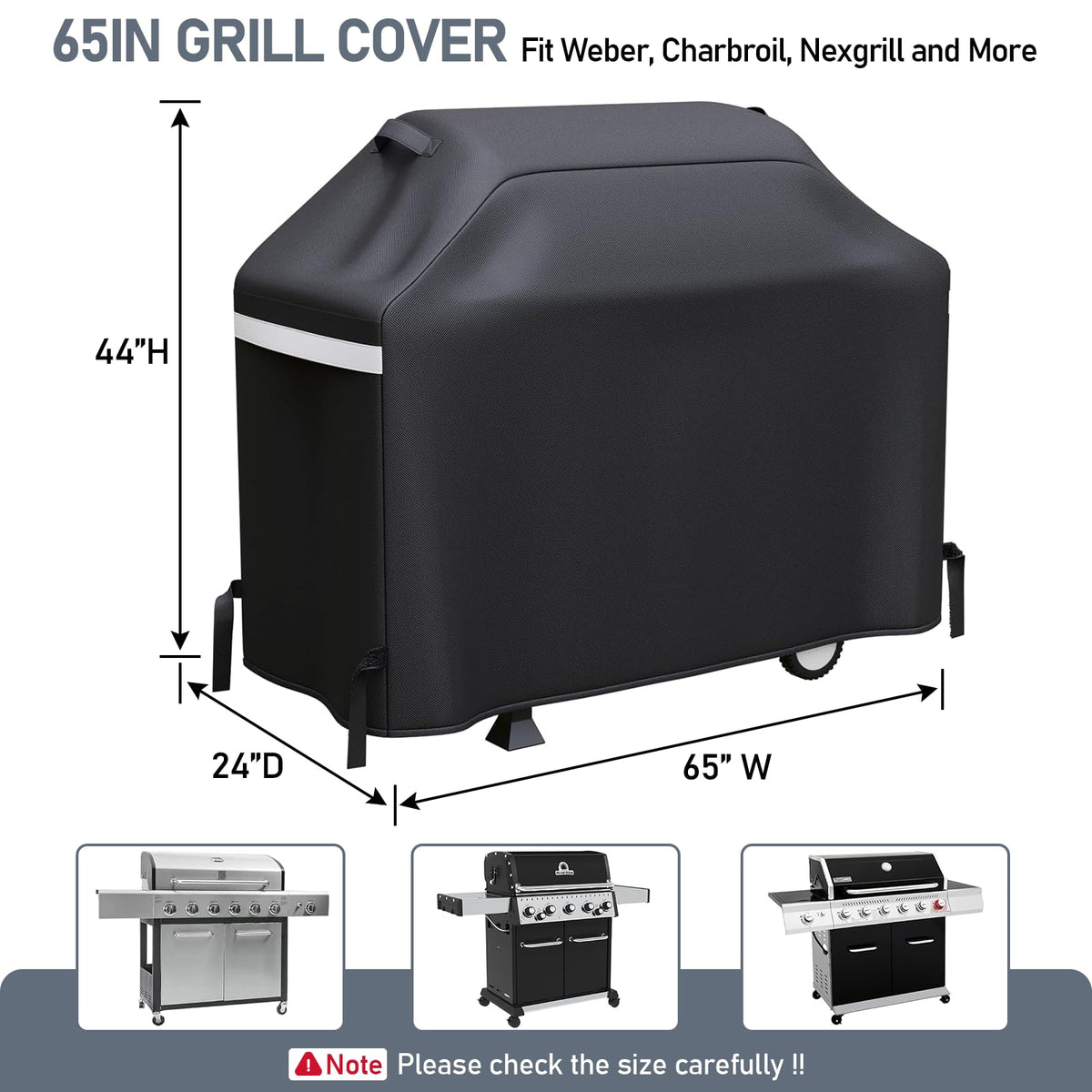 Uniflasy grill cover on grill side view demonstrating secure fit for outdoor use in all weather