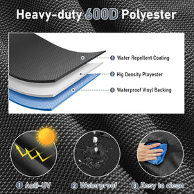 Uniflasy waterproof closeup showing 600D polyester fabric, durable protection against rain and sun