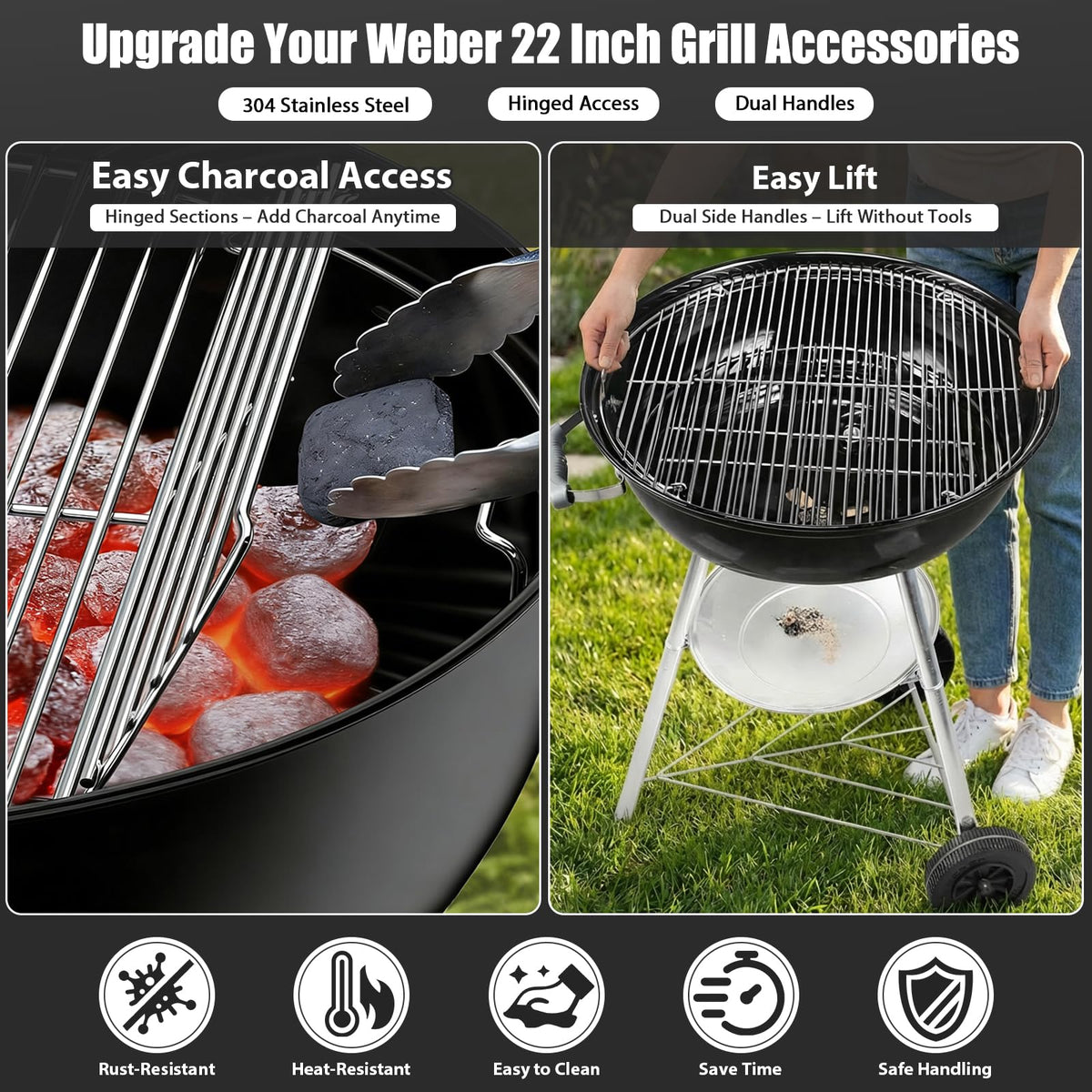 Uniflasy Weber 22-inch hinged grate crafted from 304 stainless resists rust and wear.