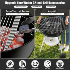 Uniflasy Weber 22-inch hinged grate crafted from 304 stainless resists rust and wear.