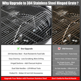Uniflasy Weber 22-inch hinged grate promotes even heat distribution across the grid.
