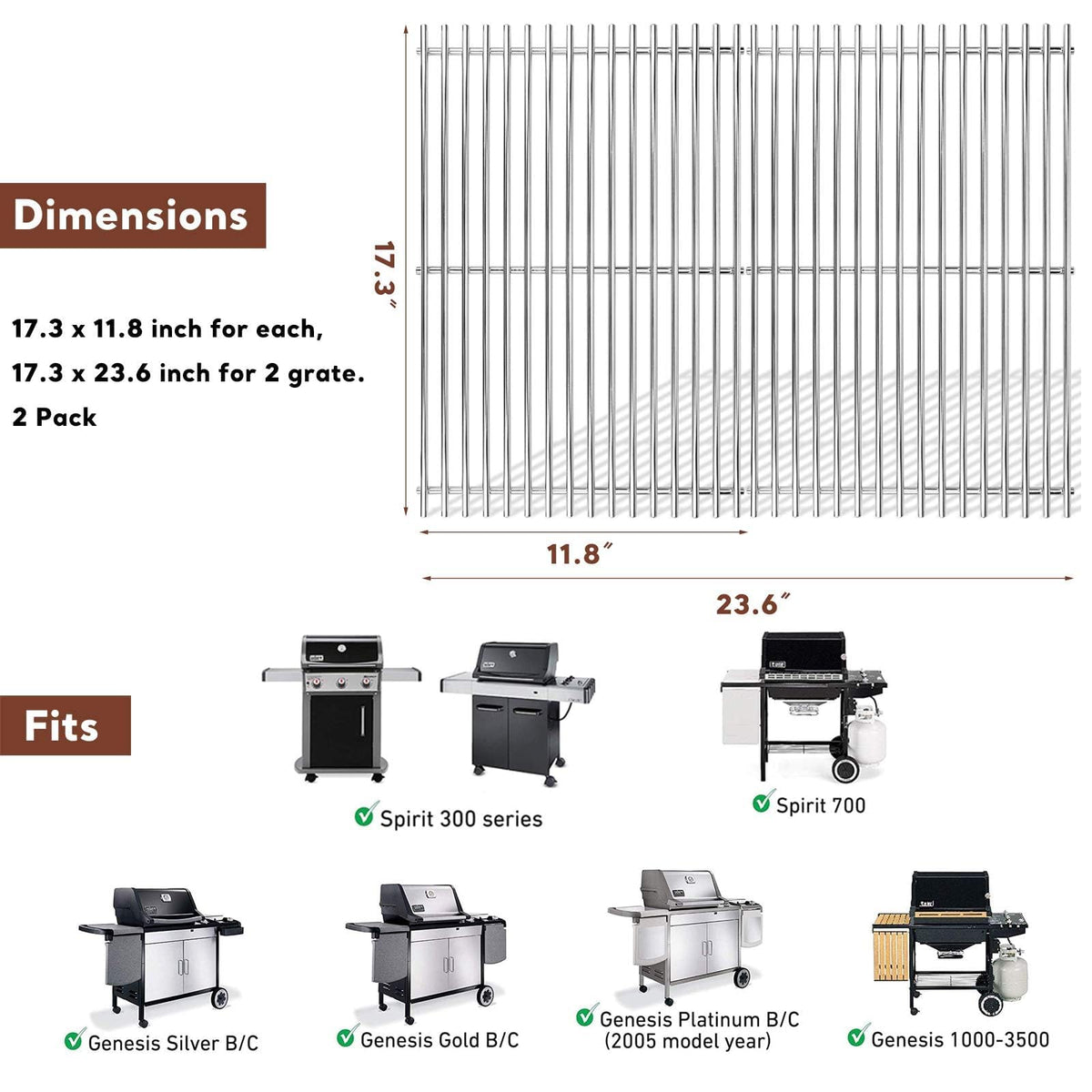 Uniflasy Weber Spirit grates - 7mm stainless rods ensure even heat and bold sear.