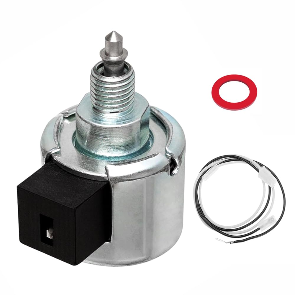 Unimore fuel shut-off solenoid assembly close-up showing compact, durable unit for lawn care.
