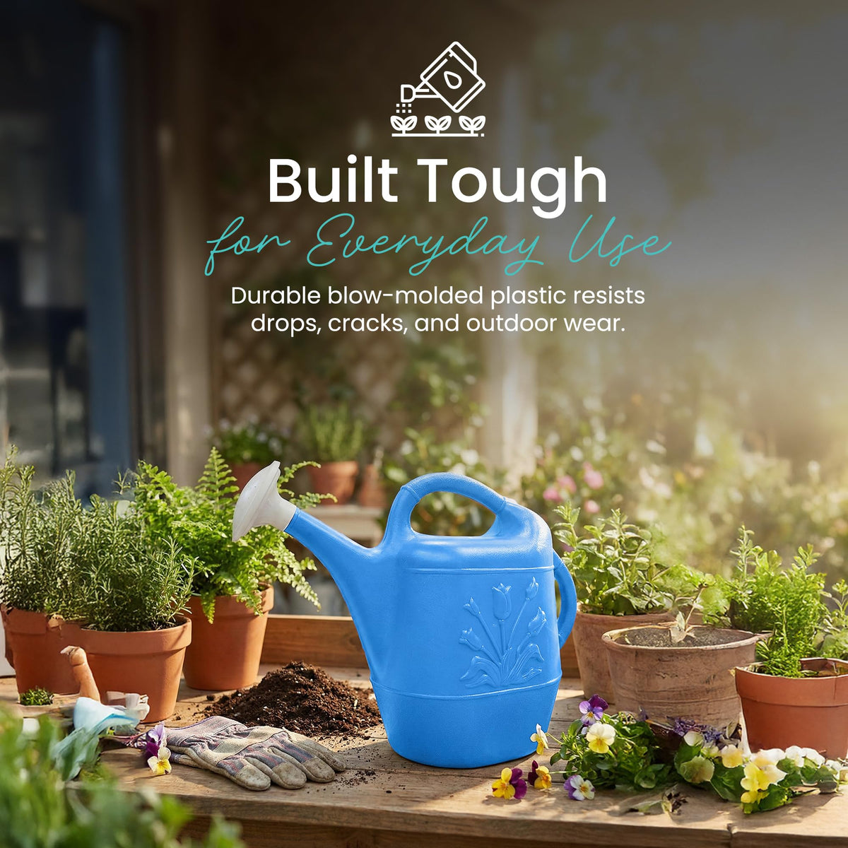 Union watering can with 2-gallon capacity reduces refills during garden tasks.