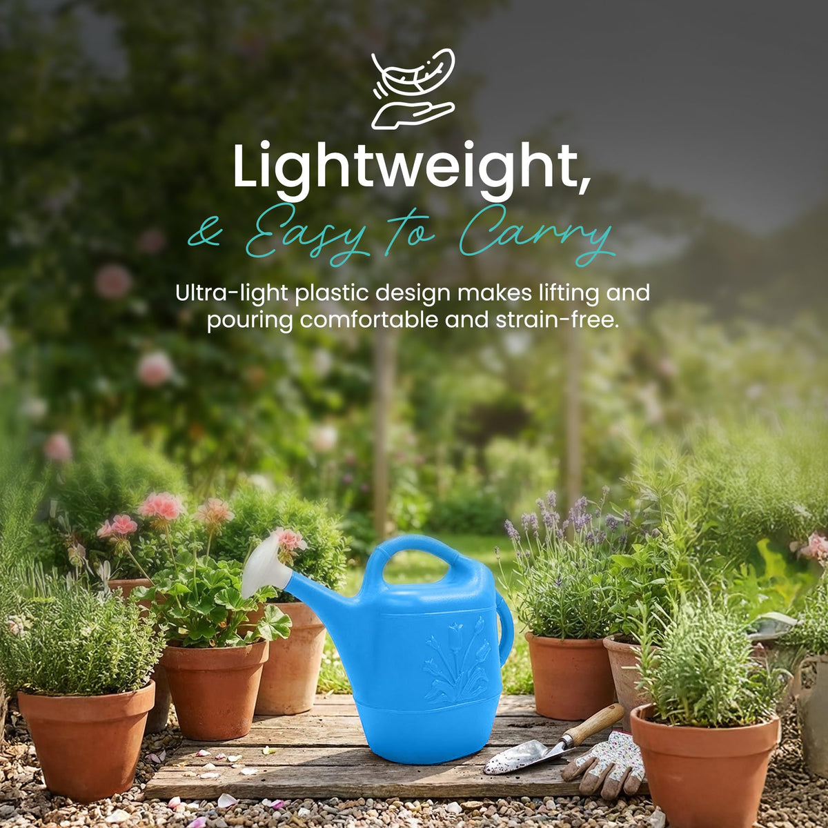 Union durable plastic blow-mold watering can withstand weather and rain.