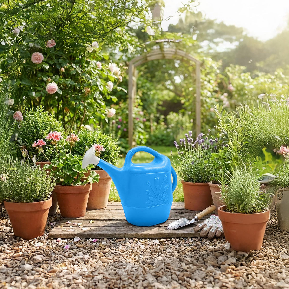 Union Caribbean Blue tulip-design watering can for indoor and outdoor use.