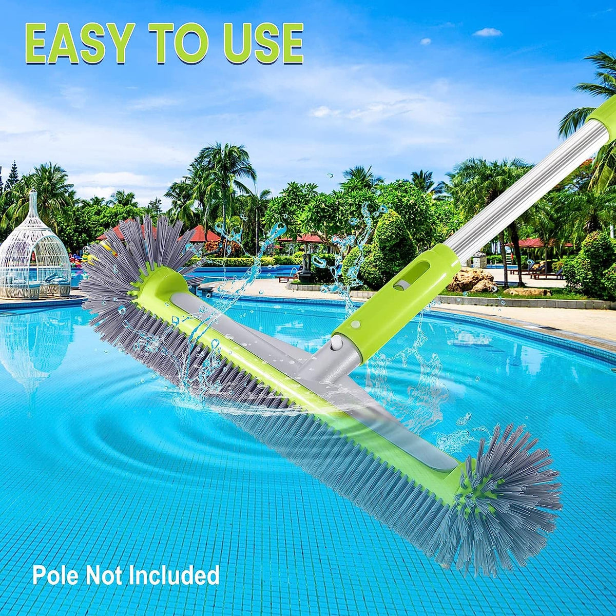 Unipool green-grey brush in action on pool wall for versatile cleaning.