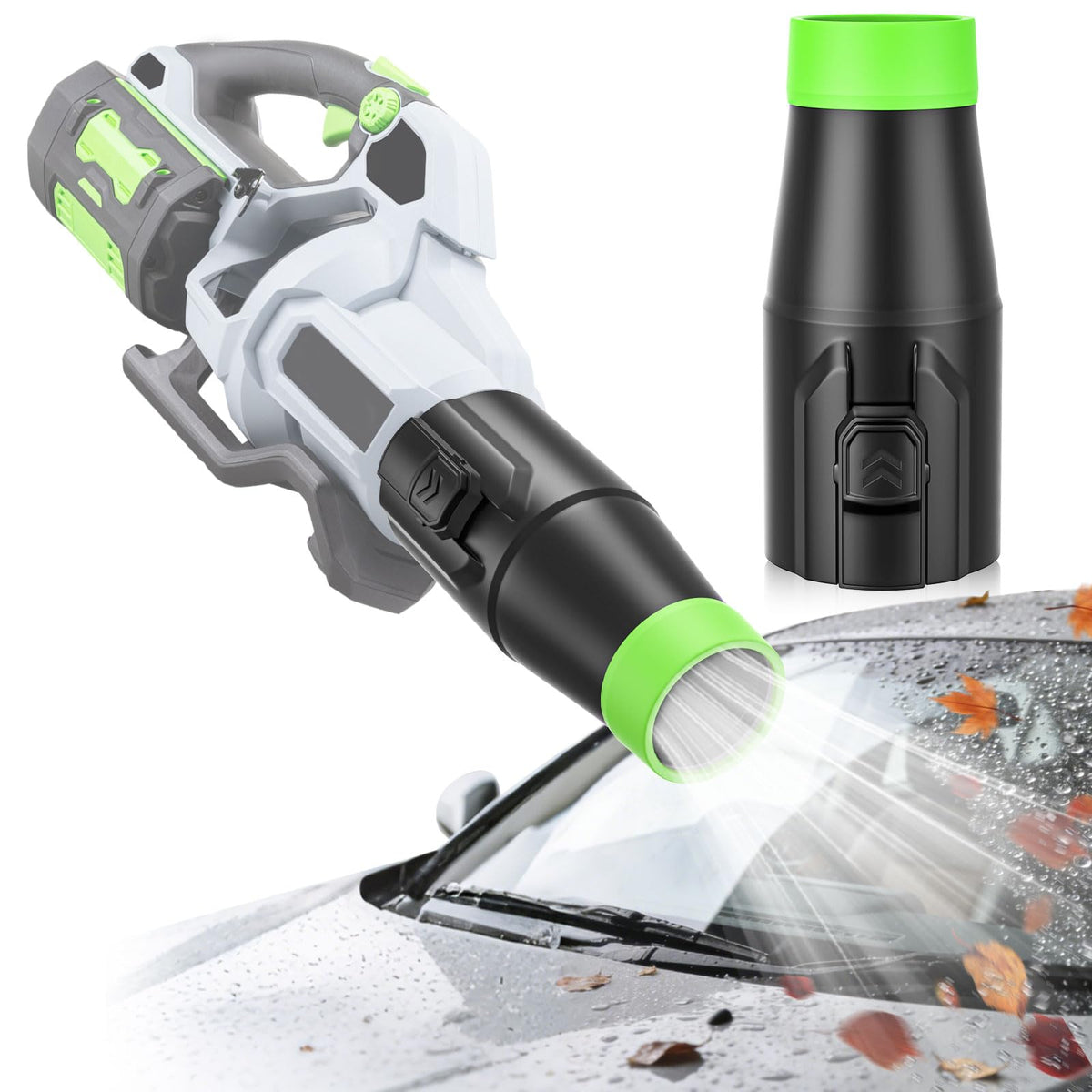 Uniqwamo car-drying nozzle attached to EGO 530 leaf blower for quick, focused drying.