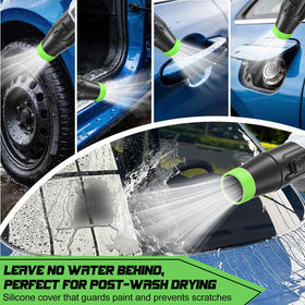 Uniqwamo car-drying nozzle on EGO-575 leaf blower delivers concentrated air for tight reach beside mirrors.
