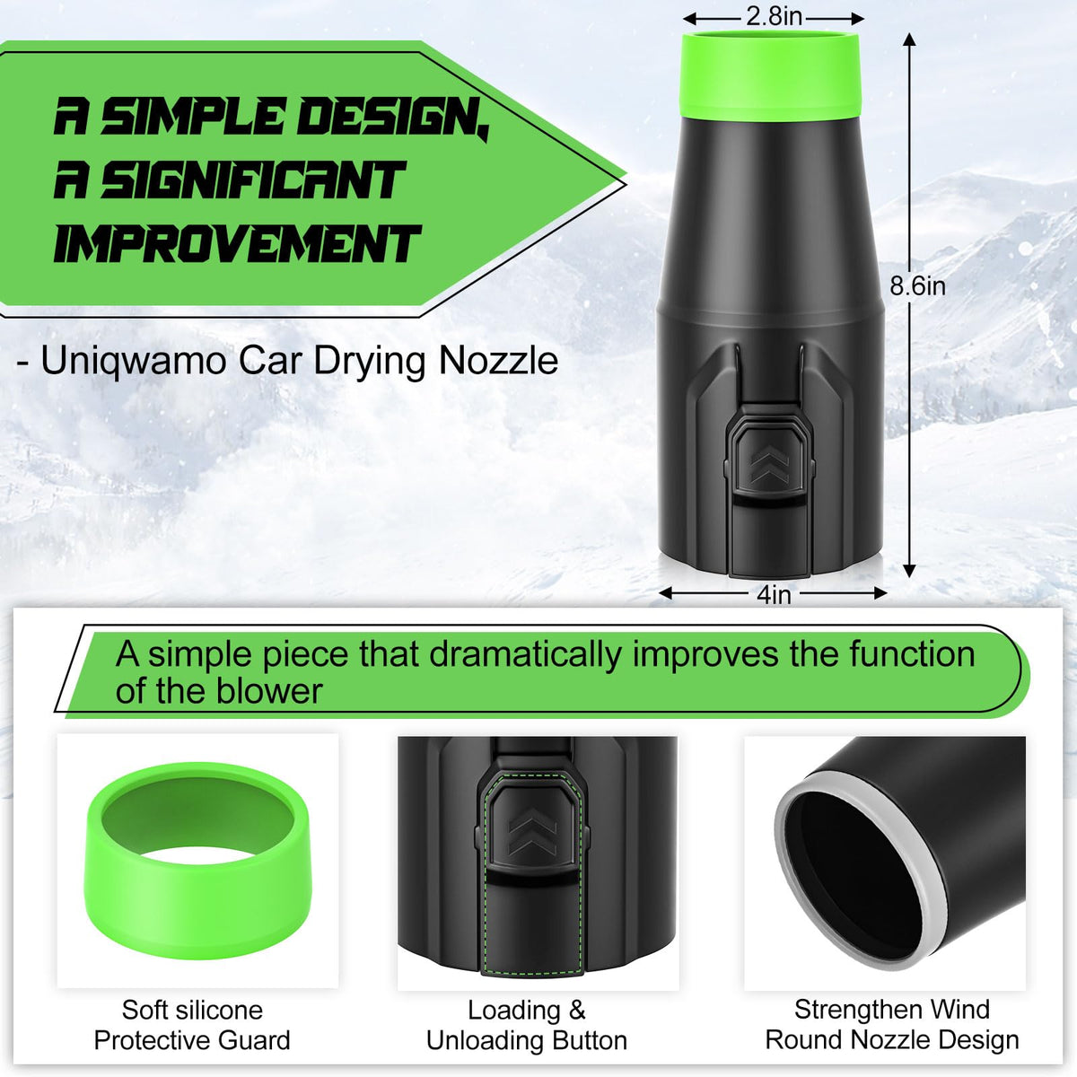 Uniqwamo nozzle concentrates airflow to remove wet leaves and light snow from surfaces.