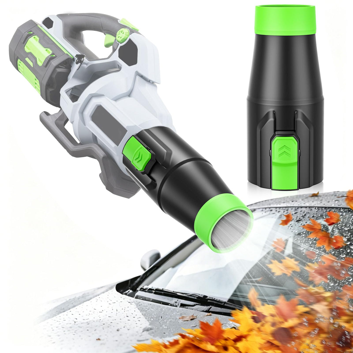Uniqwamo car drying nozzle attached to EGO blower for model-compatible, precise airflow.