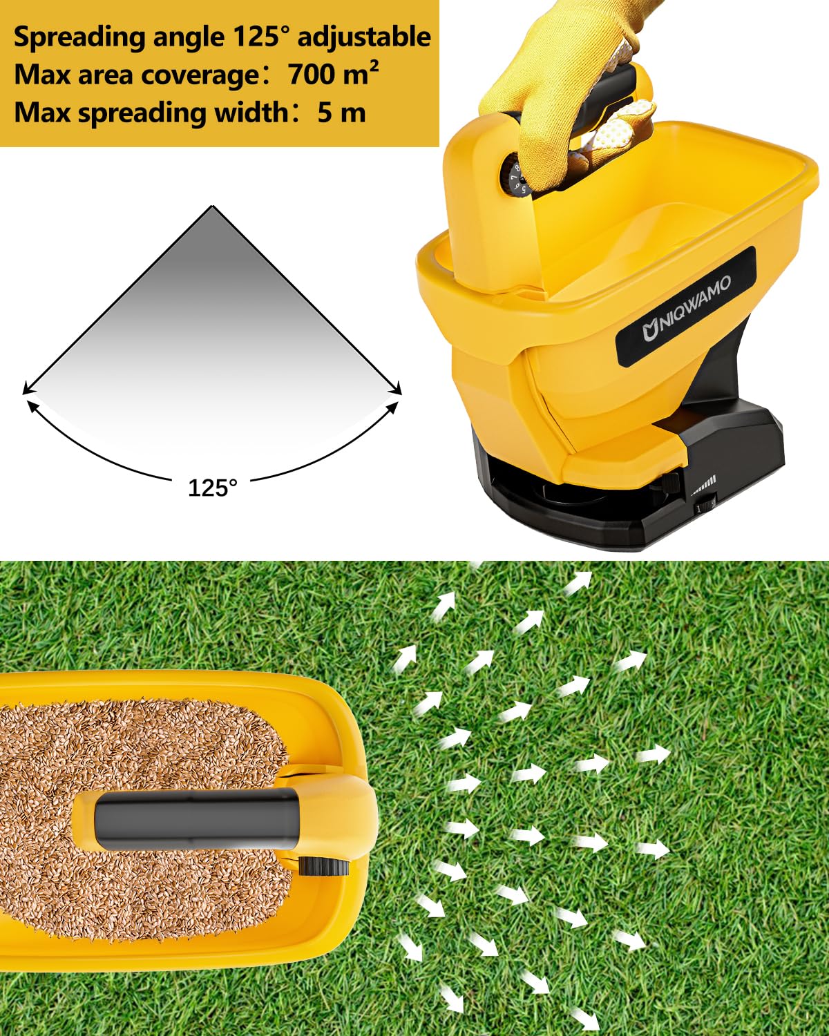 Uniqwamo cordless spreader enables easy, flexible spreading anywhere.