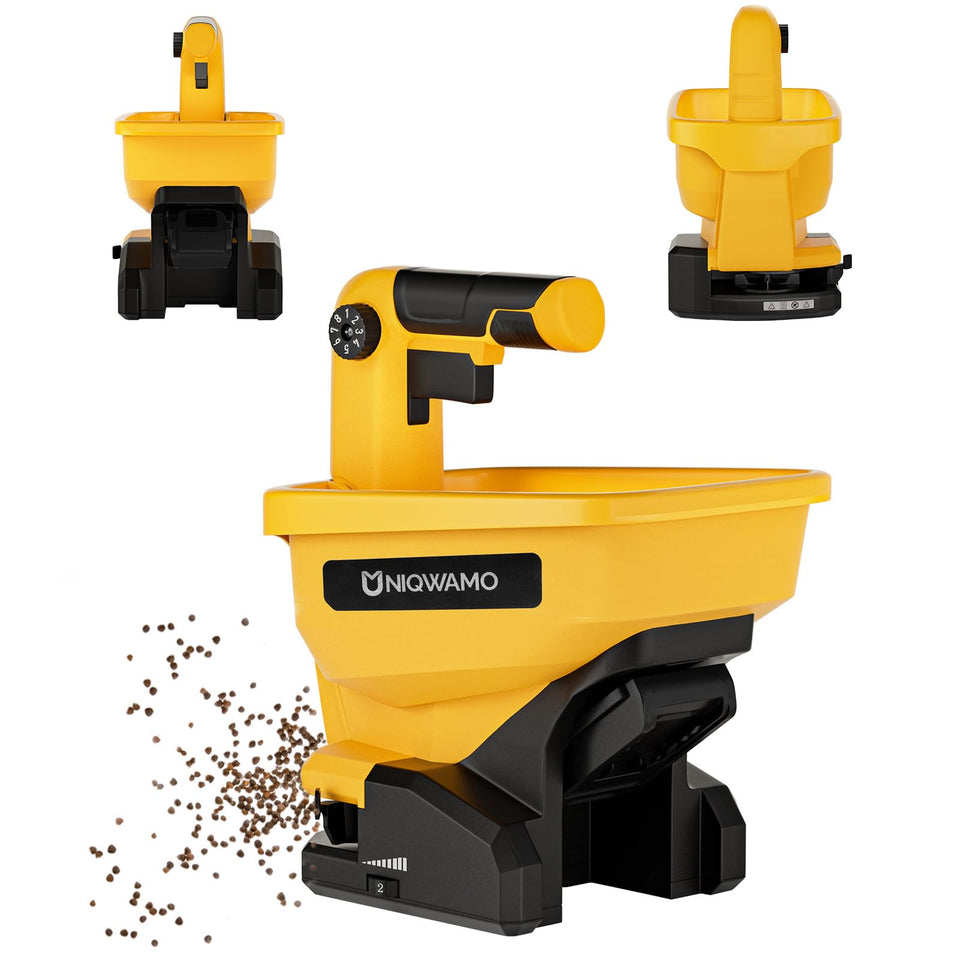 Uniqwamo handheld spreader seeds grass evenly across lawns for consistent coverage.
