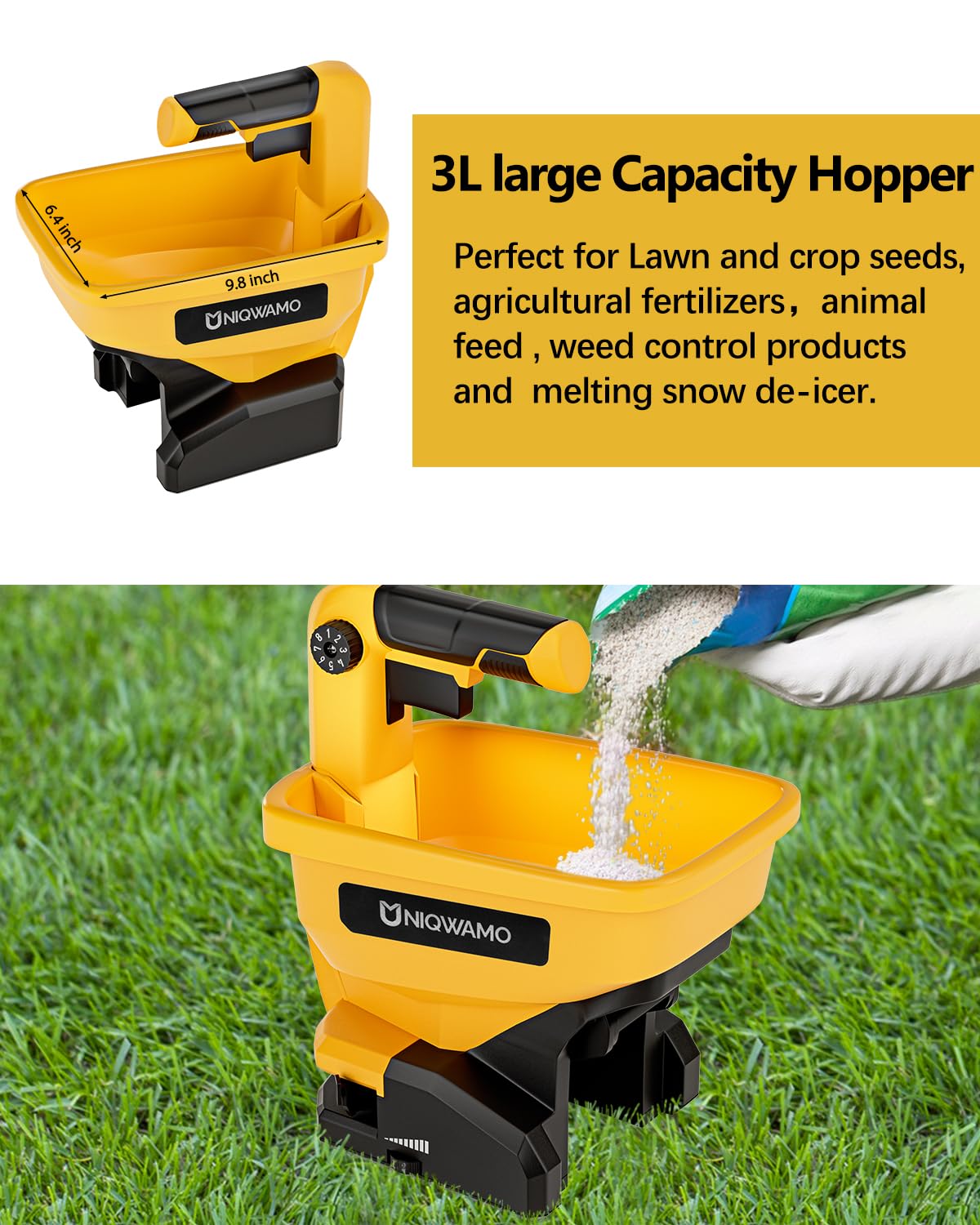 Uniqwamo spreader distributes rock salt to melt ice, improving winter safety.