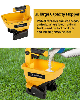 Uniqwamo spreader distributes rock salt to melt ice, improving winter safety.