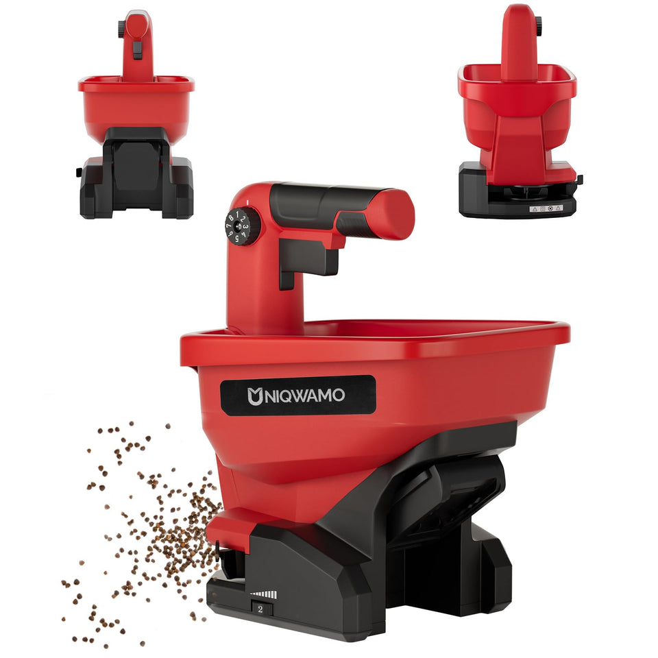 Uniqwamo seed spreader with 3L hopper for precise lawn seeding.
