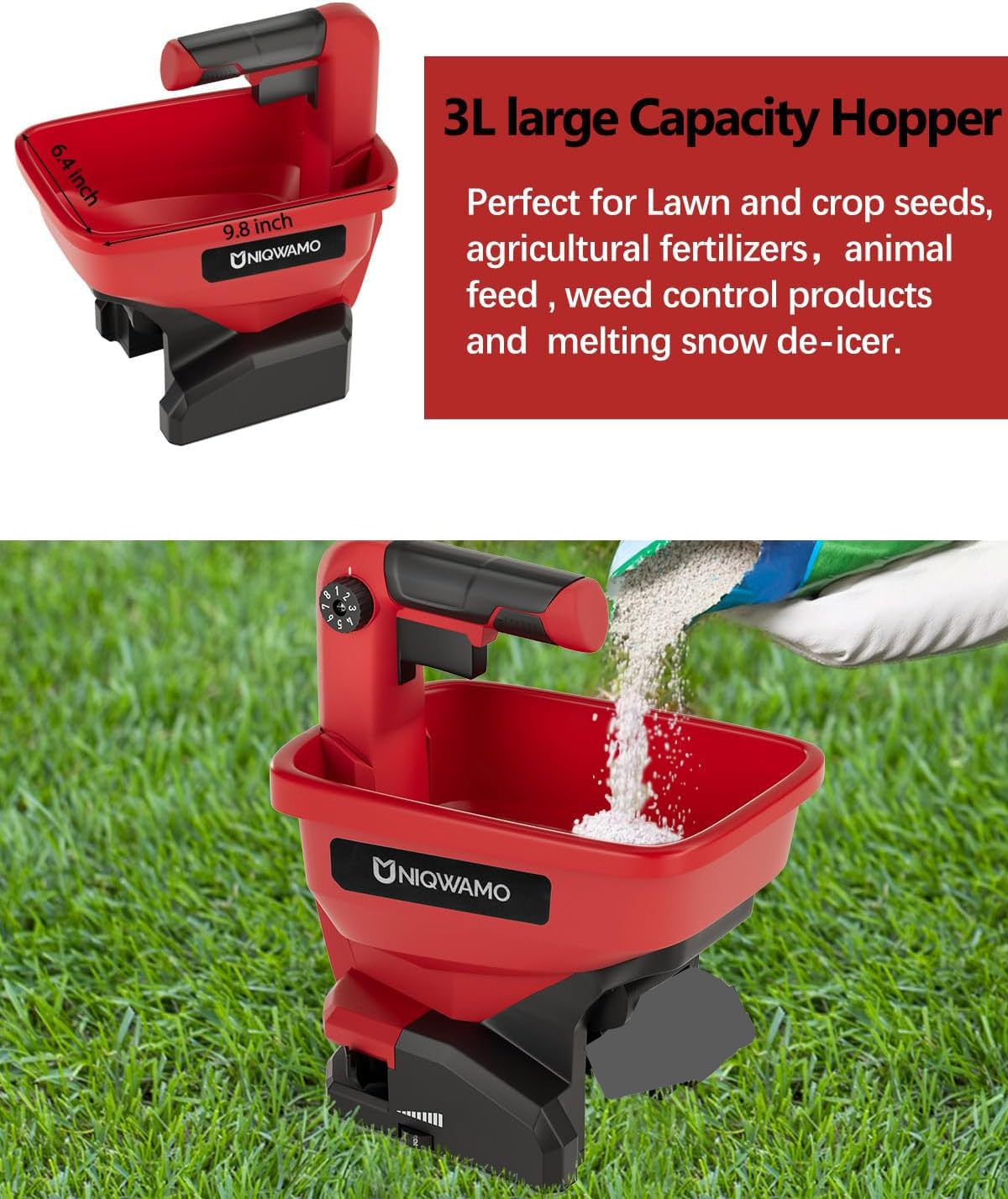 Uniqwamo spreader in use on a lawn highlighting wide, even coverage.