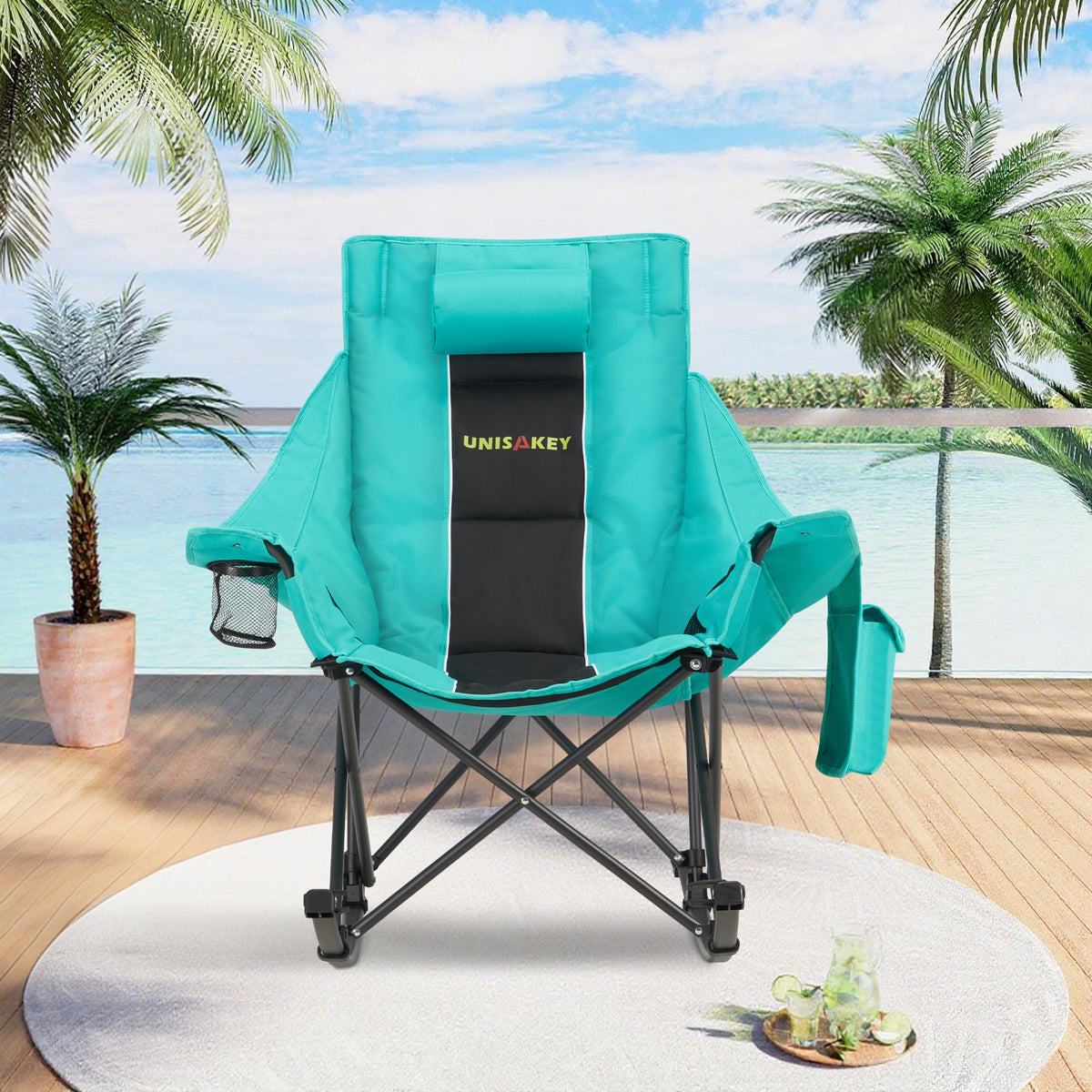 Unisakey rocking chair with cup holder keeps drinks within reach outdoors.