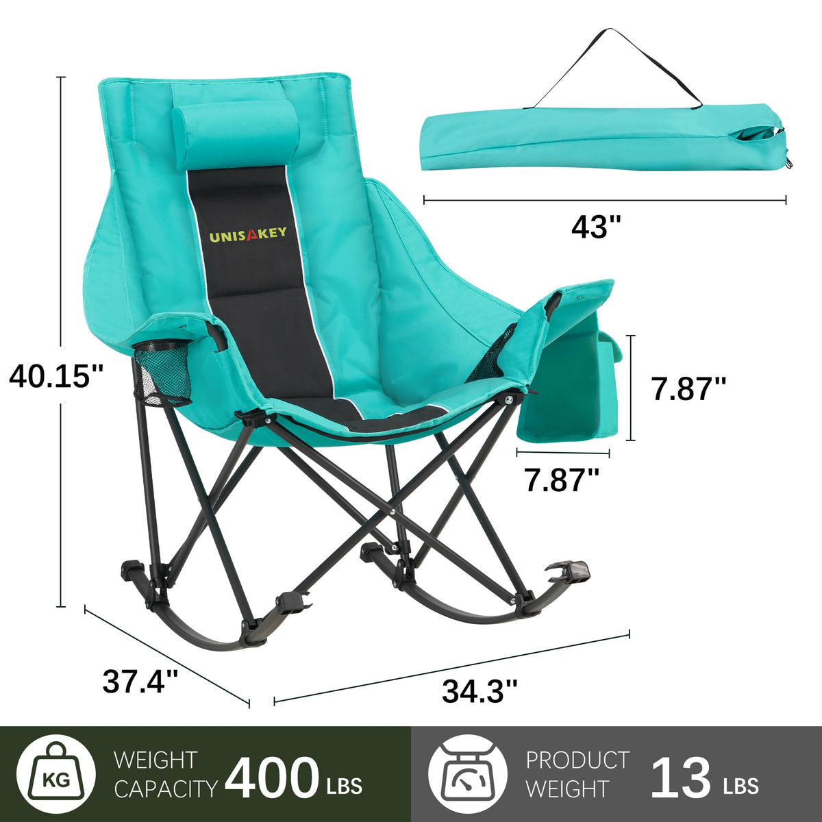 Unisakey rocking chair headrest adds neck comfort during outdoor rests.