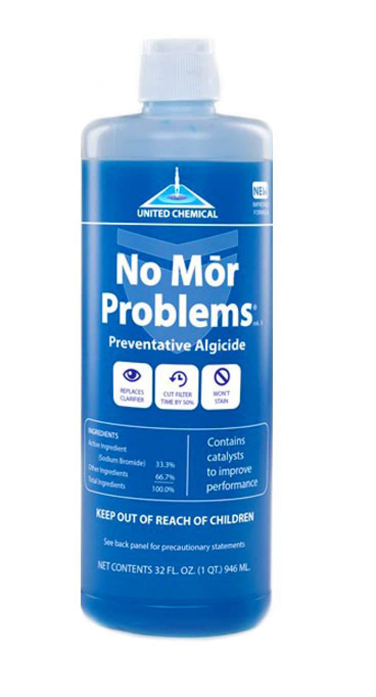 United Chemical No Mor Problems algaecide bottle helps prevent algae and keep pool water clear.