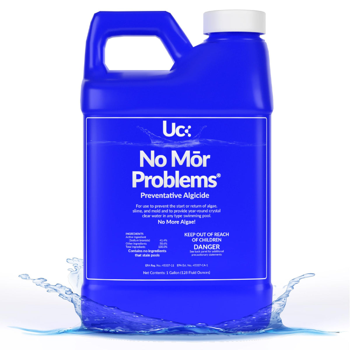 United Chemical No More Problem 1gal bottle pouring for easy weekly pool maintenance.
