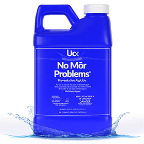 United Chemical No More Problem 1gal bottle pouring for easy weekly pool maintenance.