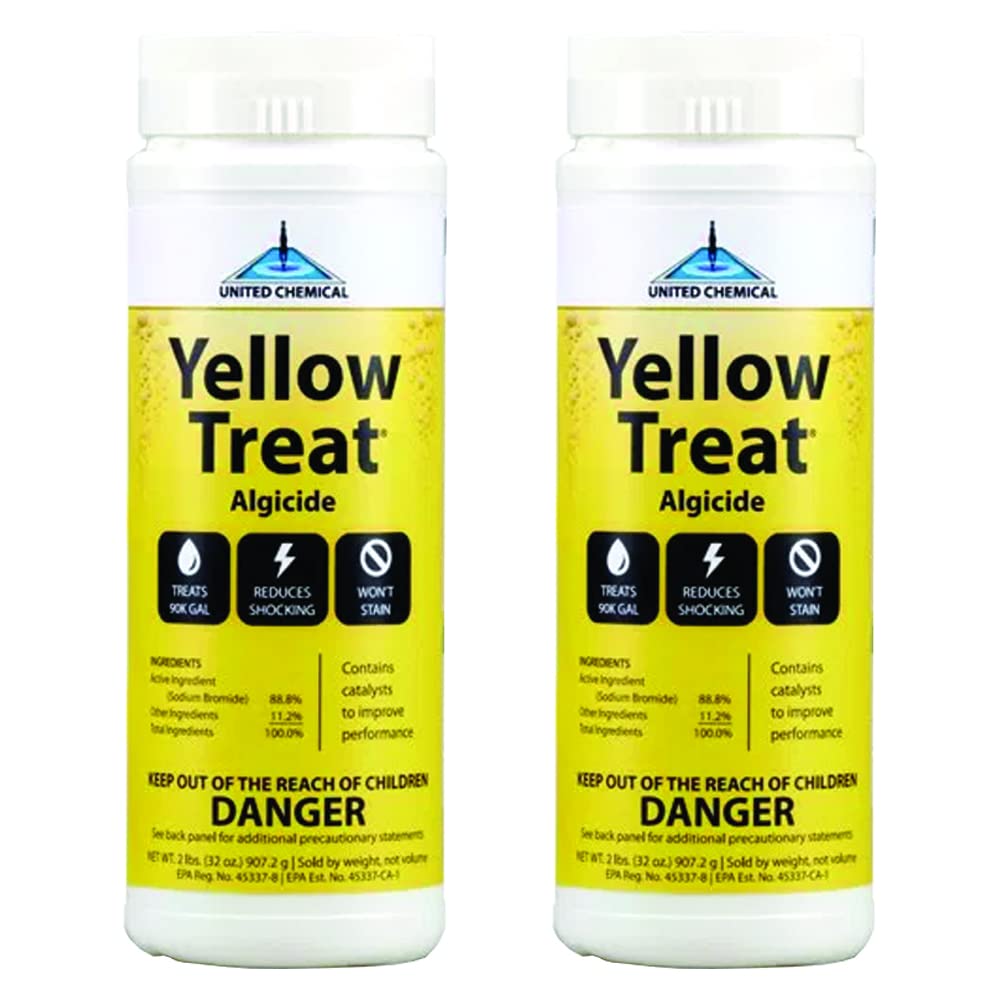 United Chemical Yellow Treat bottle and 2 lb tub for pool algae control.