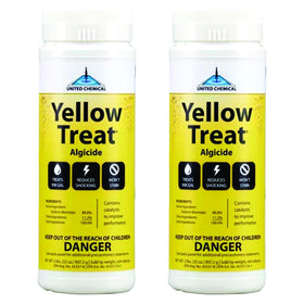 United Chemical Yellow Treat bottle and 2 lb tub for pool algae control.