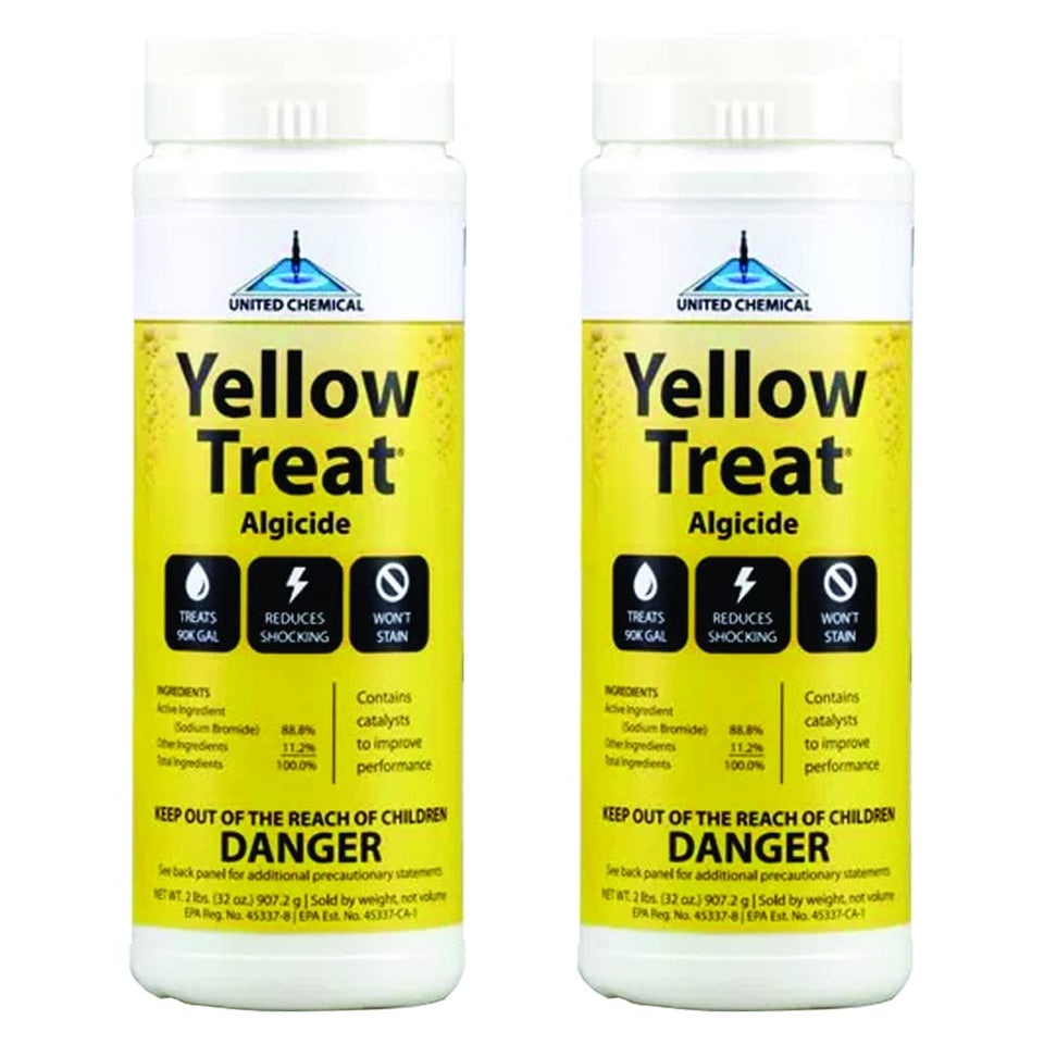 United Chemical Yellow Treat bottle and 2 lb tub for pool algae control.