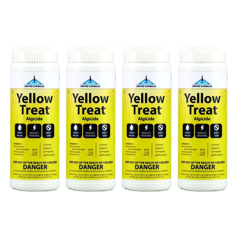 United Chemical Yellow Treat cap-dispense demonstrates easy dosing for yellow algae control in pools.
