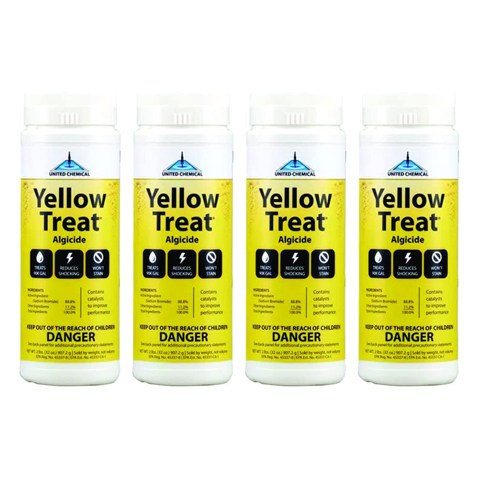 United Chemical Yellow Treat cap-dispense demonstrates easy dosing for yellow algae control in pools.