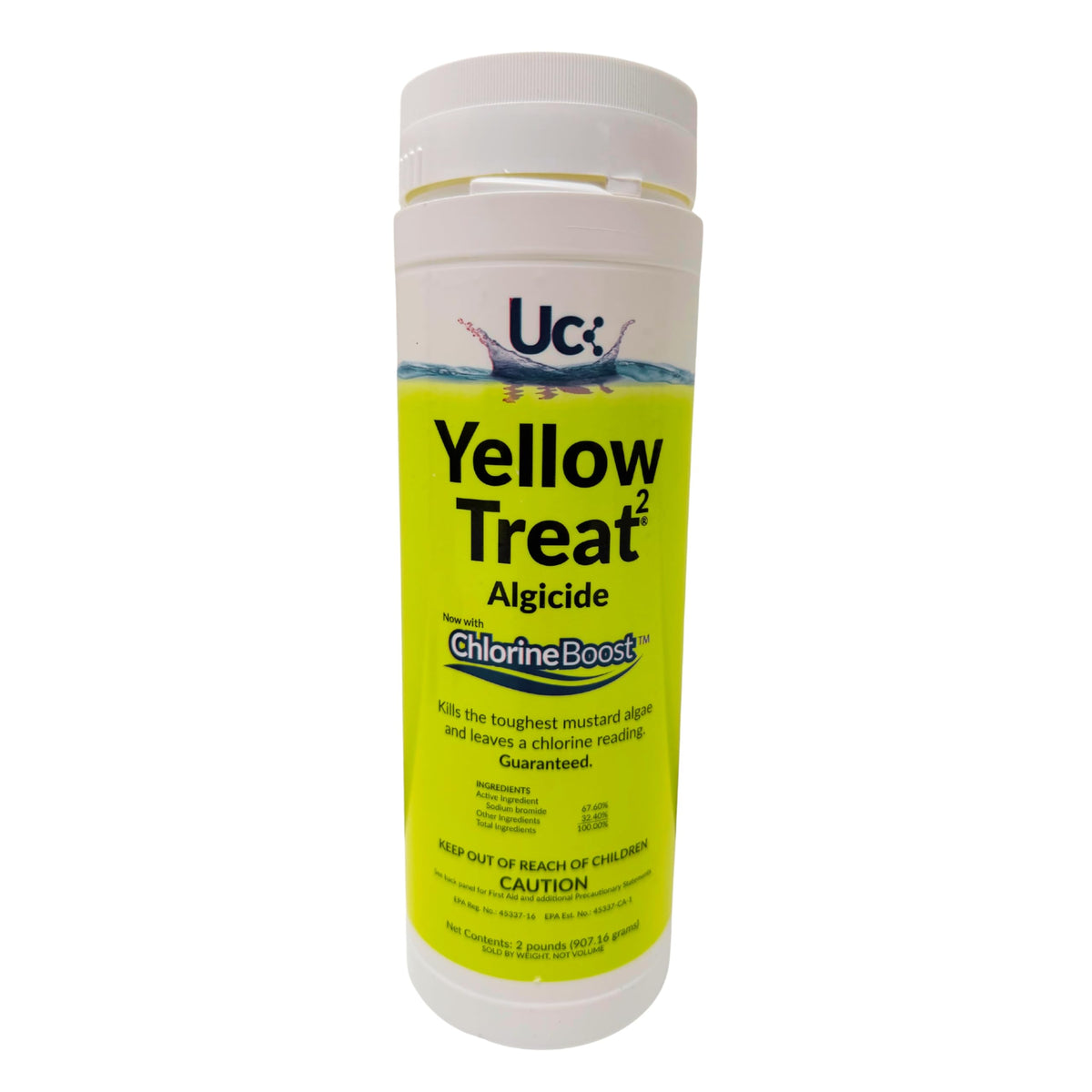 United Chemicals Yellow Treat powder container for yellow algae removal in pools and spas