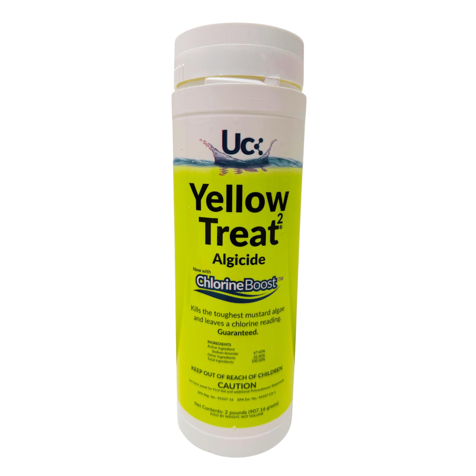 United Chemicals Yellow Treat powder container for yellow algae removal in pools and spas
