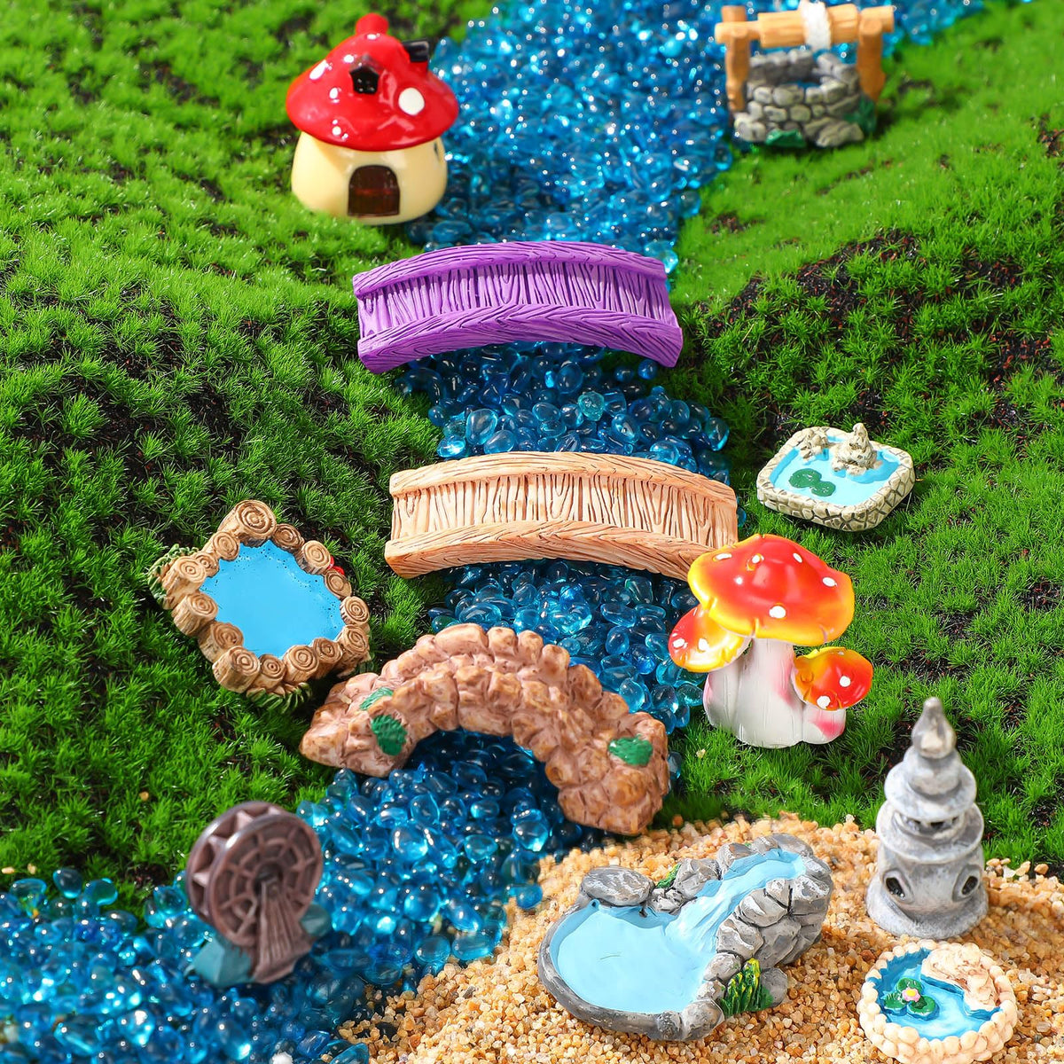 Unittype pond gnome creates mini landscapes with lively color and texture.