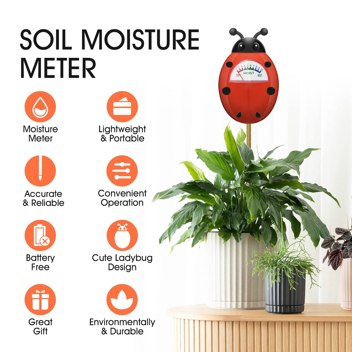 UNIWA battery-free compact meter ideal for houseplants and small pots without power needs.