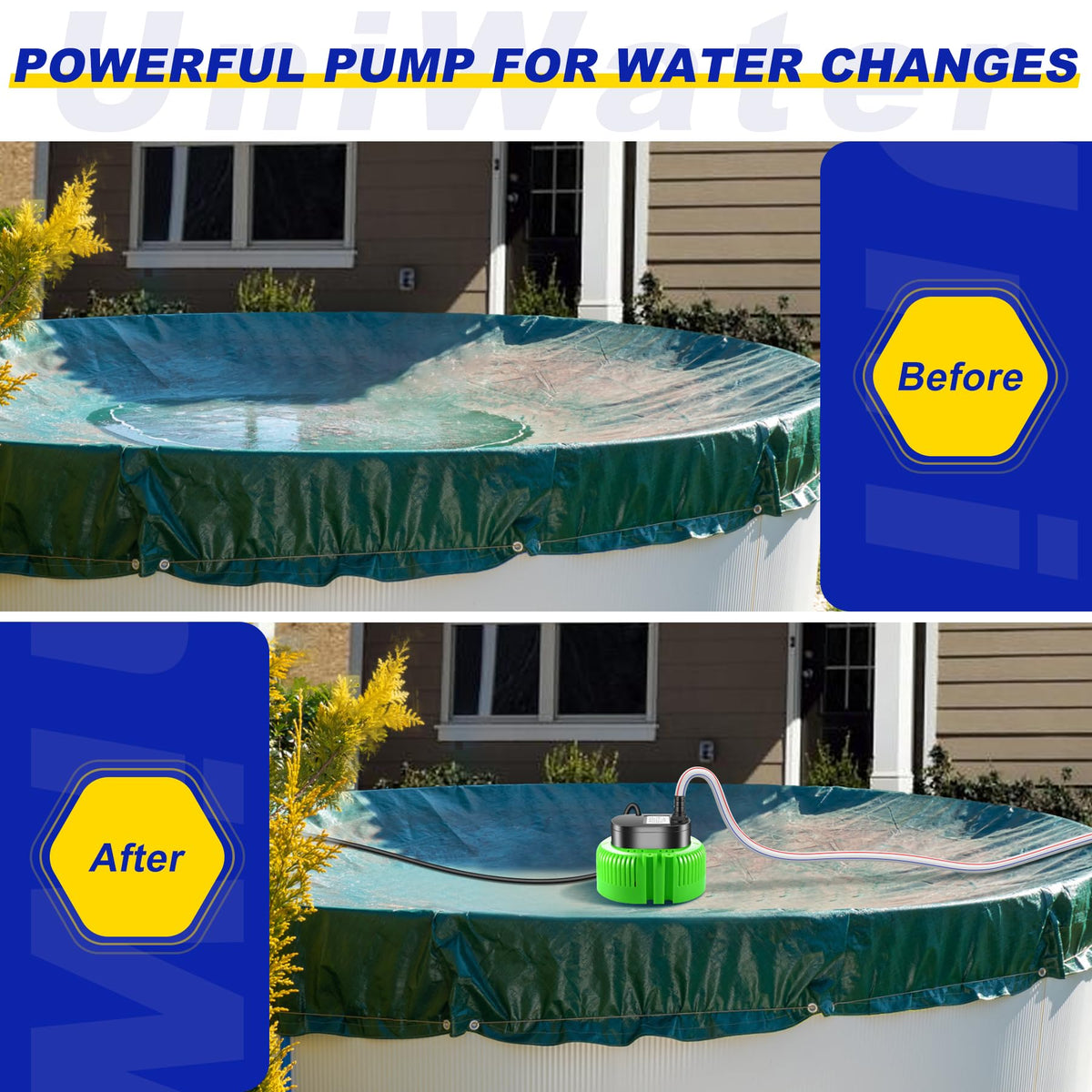 UniWater 16ft drainage hose extended for larger pools.
