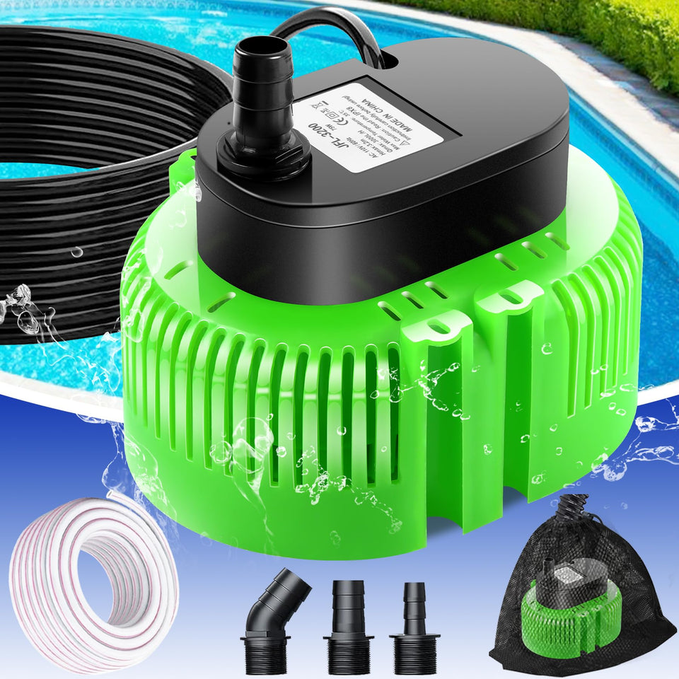 UniWater pool cover pump exterior in green designed for efficient drainage.