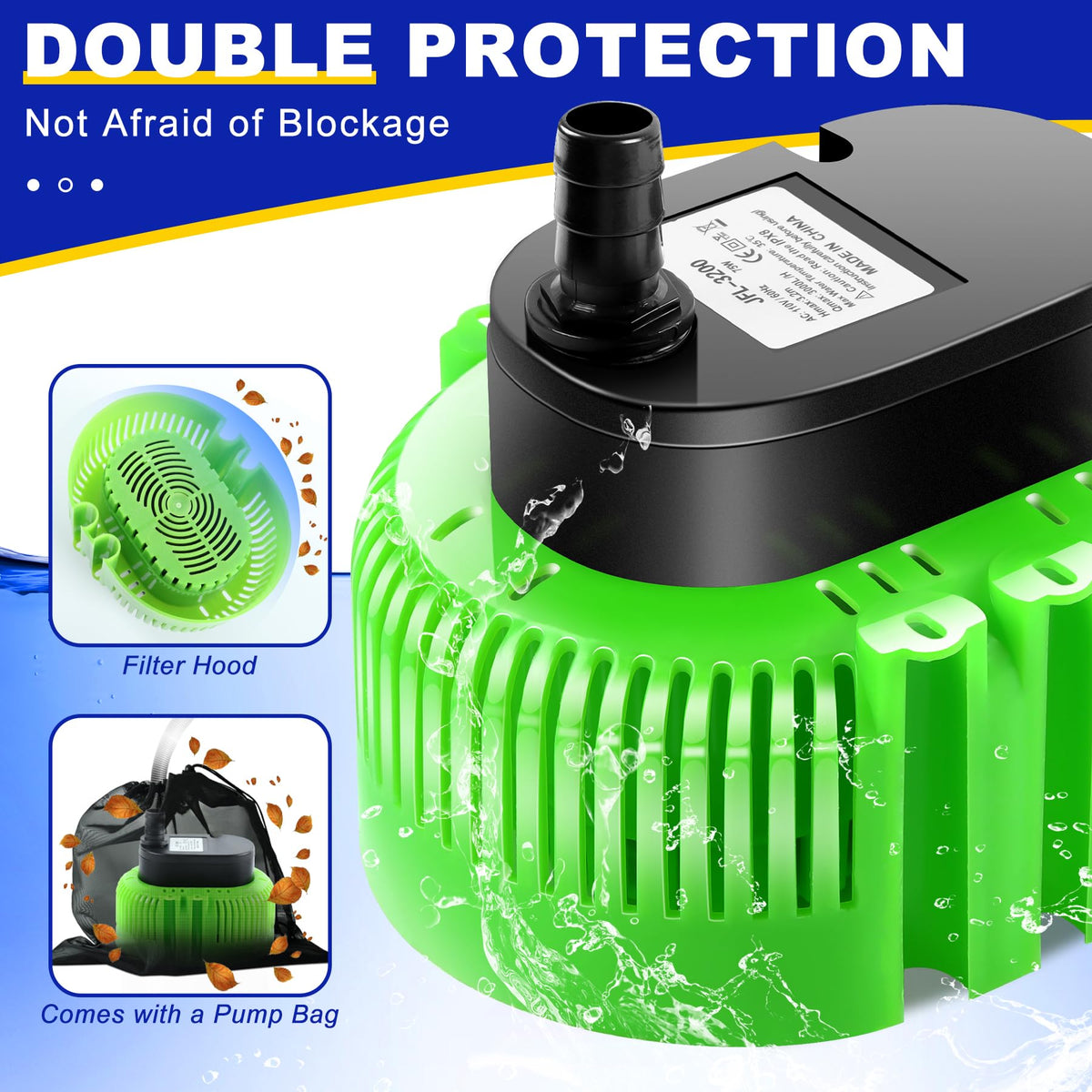 UniWater mesh bag protects the pump from leaves and debris.