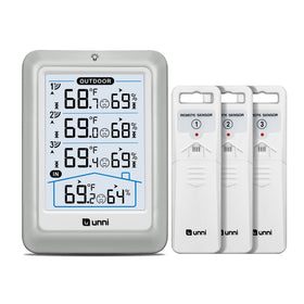 Unni indoor-outdoor thermometer display front shows real-time temperature and humidity.