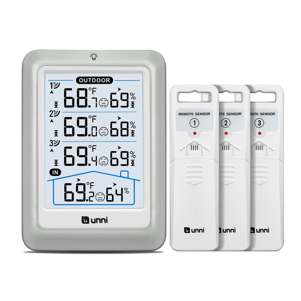 Unni indoor-outdoor thermometer display front shows real-time temperature and humidity.