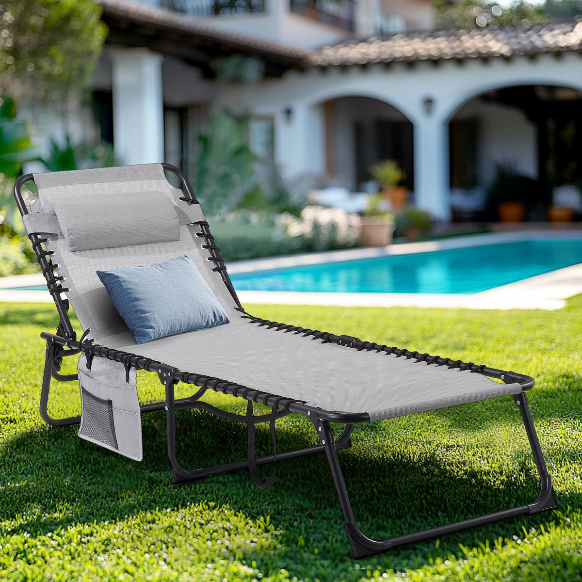 Unovivy poolside lounge chair with reclining backrest for sunbathing.